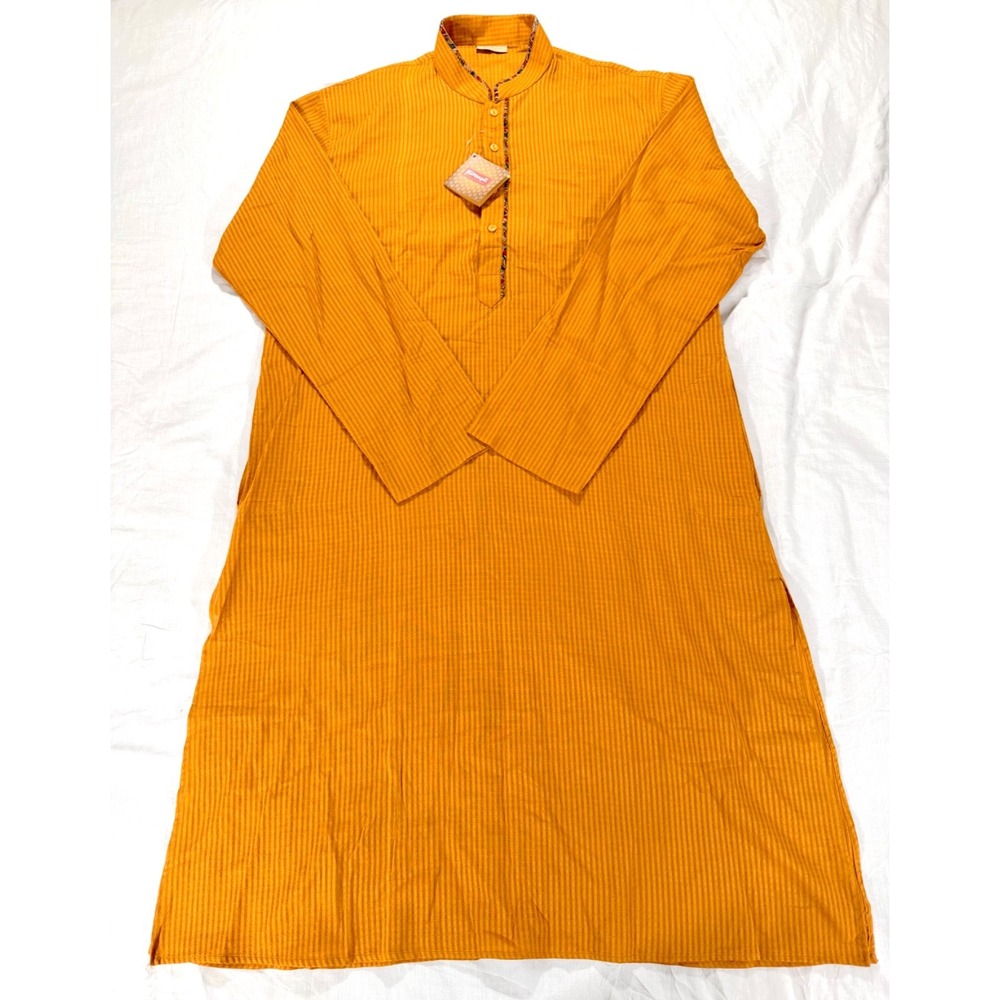 Prapti Kurta Men 42 Orange NWT Traditional Indian Tunic Long Sleeve Woven Check